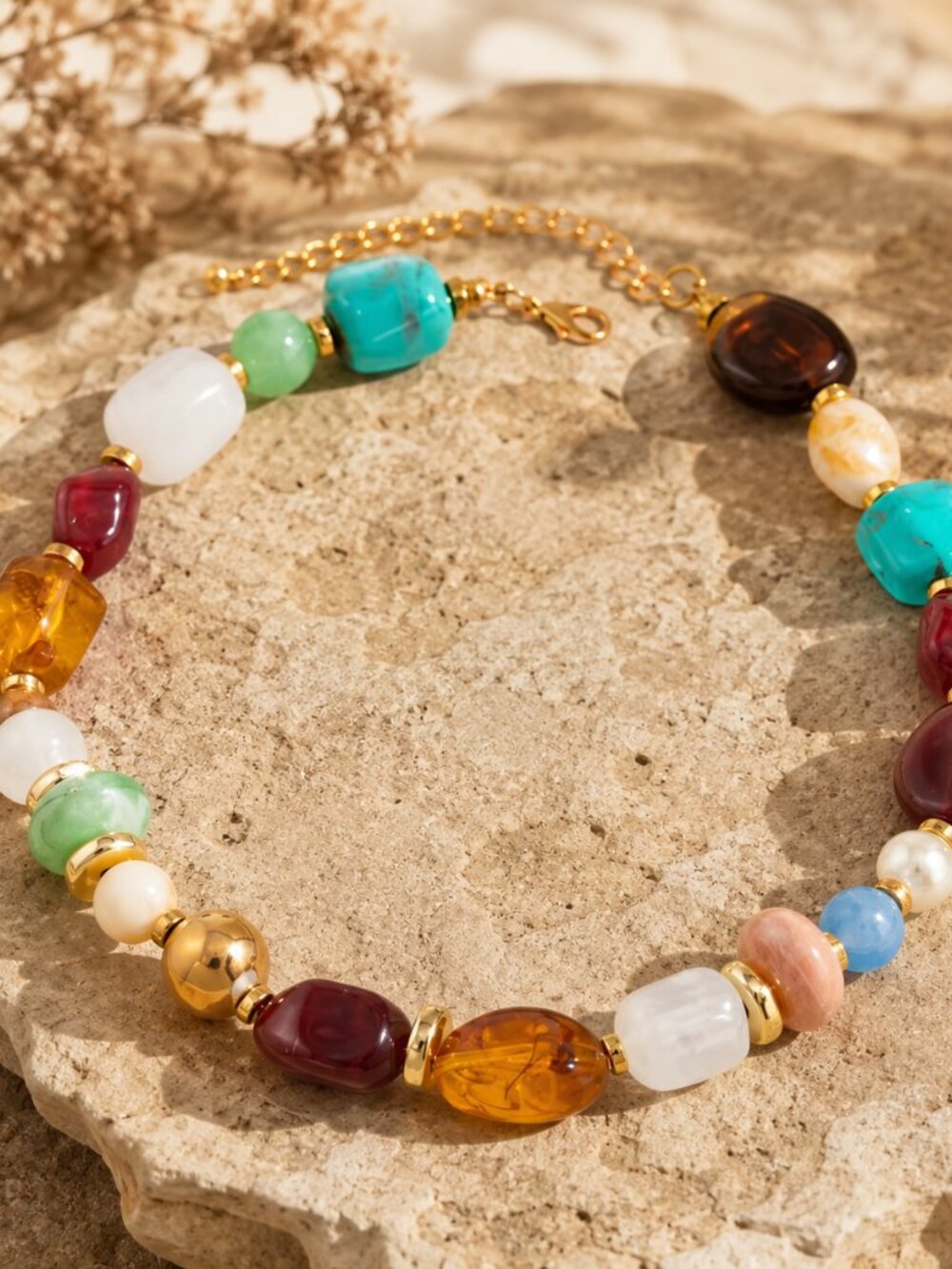 Colorful Chunky Gemstone Beaded Necklace, Statement Stone Necklace, Boho Luxe - Picture 2 of 2